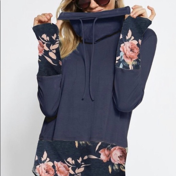 Tops - Jersey knit cowl neck top with floral cuffs & hem Tops - Jersey knit cowl neck top with floral cuffs & hem